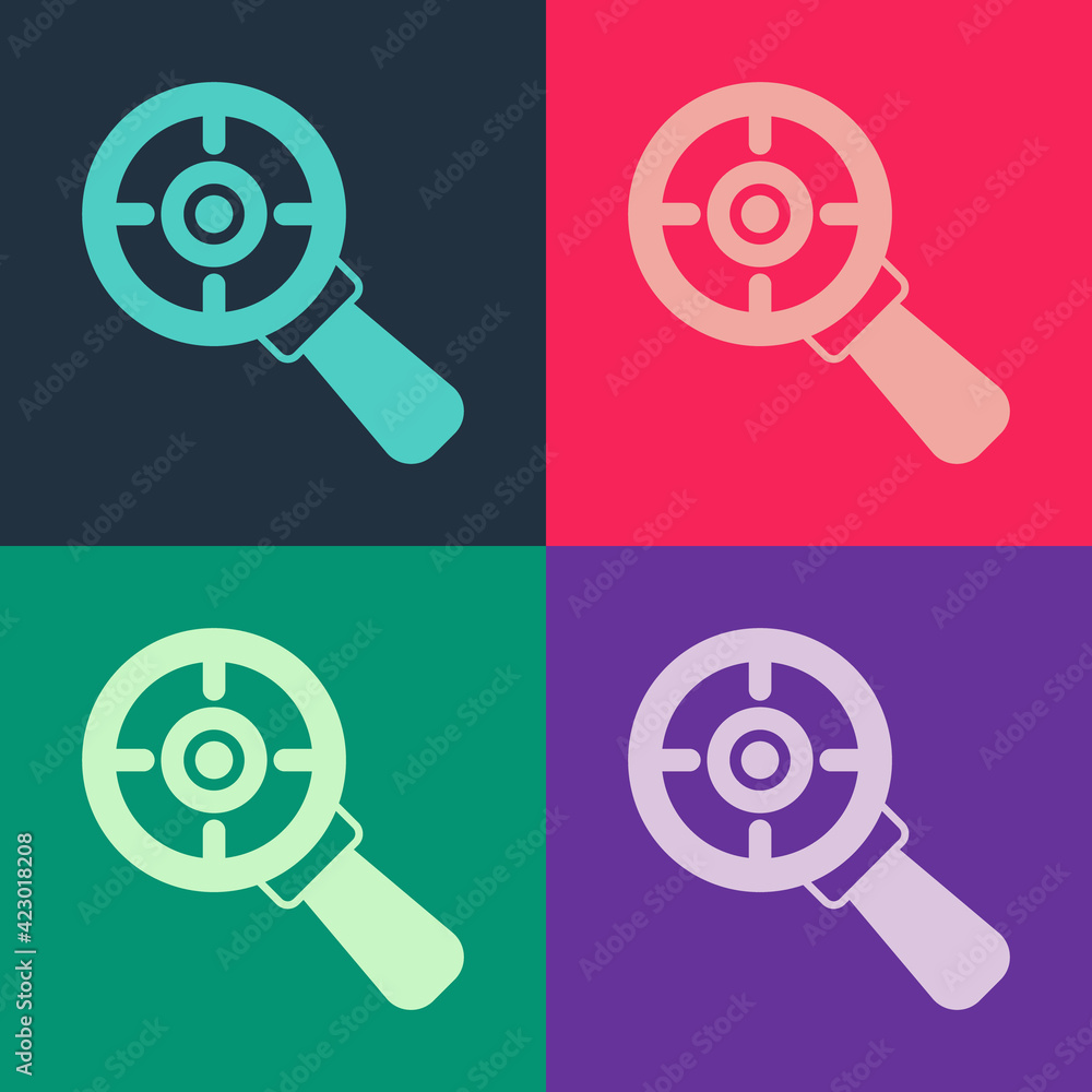 Pop art Target financial goal concept with magnifying glass icon isolated on color background. Symbolic goals achievement, success. Vector Pop art Target financial goal concept with magnifying glass icon isolated on color background. Symbolic goals achievement, success. Vector