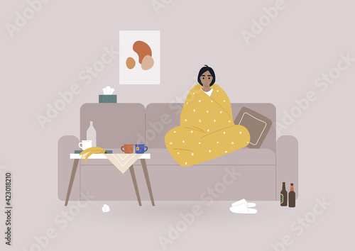 A young female character wrapped in a blanket sitting on a sofa surrounded by tea mugs and food leftovers, depression and anxiety concept, mental health issues, daily life during lockdown