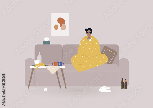 A young male character wrapped in a blanket sitting on a sofa surrounded by tea mugs and food leftovers, depression and anxiety concept, mental health issues, daily life during lockdown