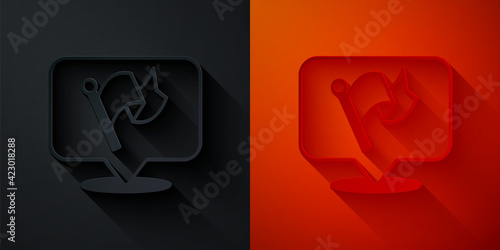 Paper cut Flag icon isolated on black and red background. Victory, winning and conquer adversity concept. Paper art style. Vector