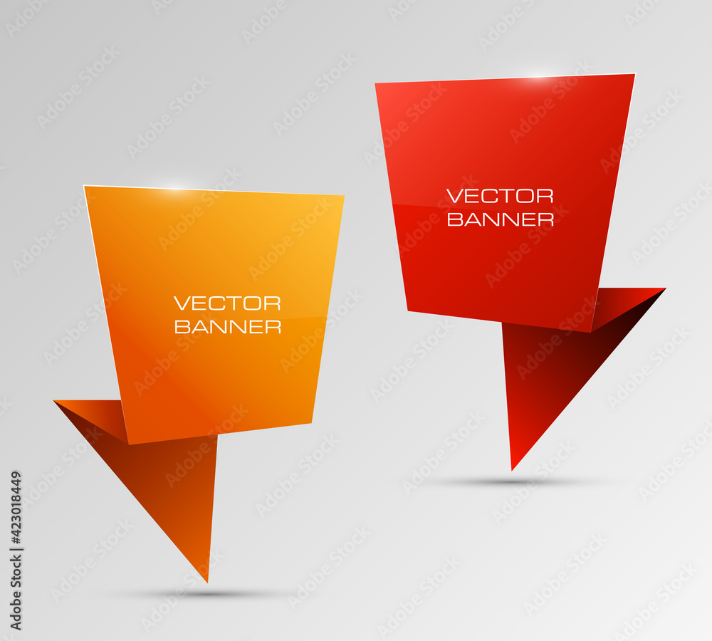 Fototapeta Index location on the map. Pointer position. Marker standing. Indicator destination. Origami infographic colorful banners set. Advertising Design shape. Speech talking cloud. Vector label tag.