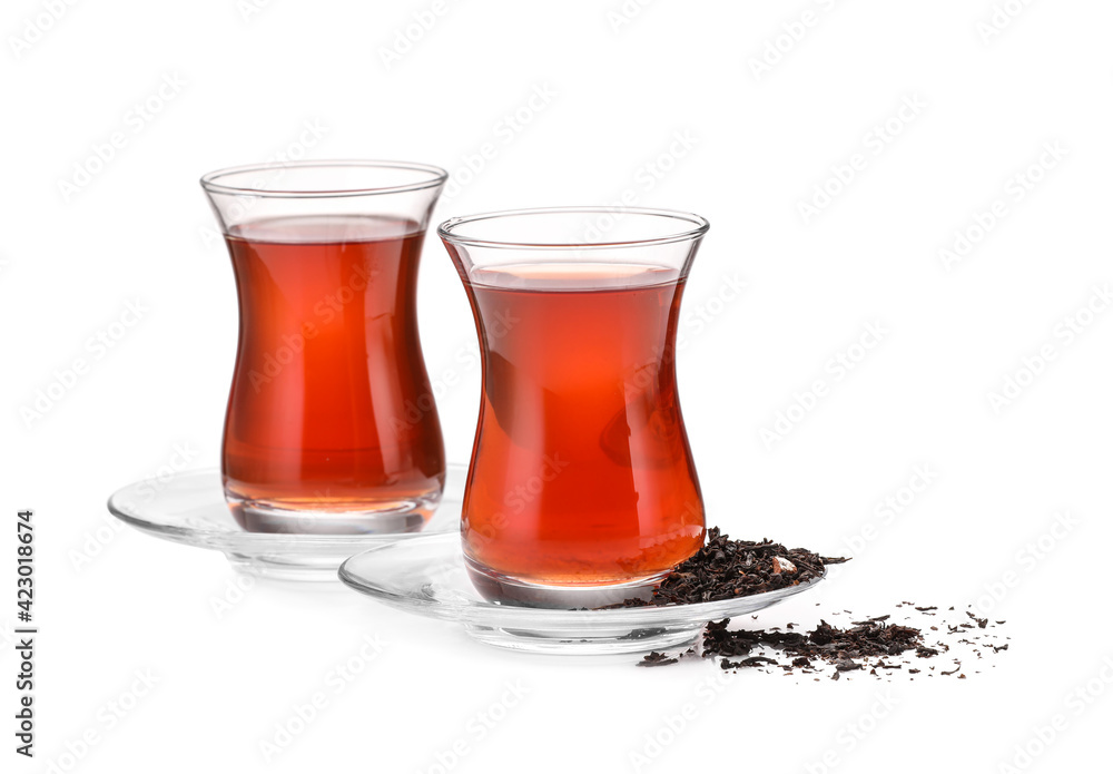 Glasses of tasty Turkish tea on white background Glasses of tasty Turkish tea on white background