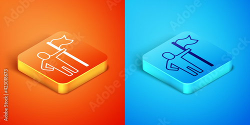 Isometric Man holding flag icon isolated on orange and blue background. Victory, winning and conquer adversity concept. Vector