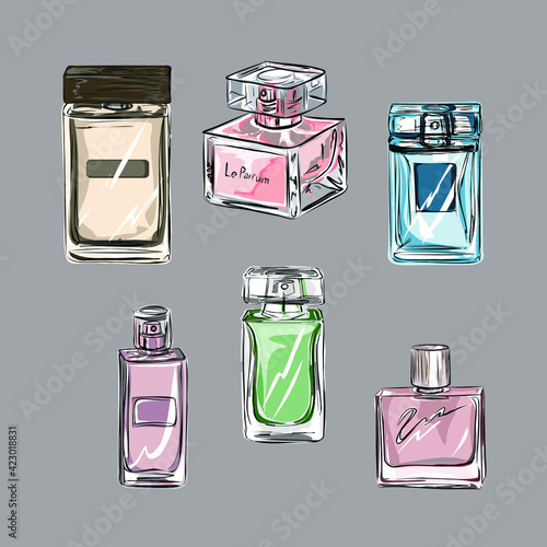 Set of beautiful vector perfume bottles bright colored, linear icons. Fragrance, perfume, essences, Eau de toilette, scent. Beauty products, women lifestyle. Cosmetic companies, banners, designs.