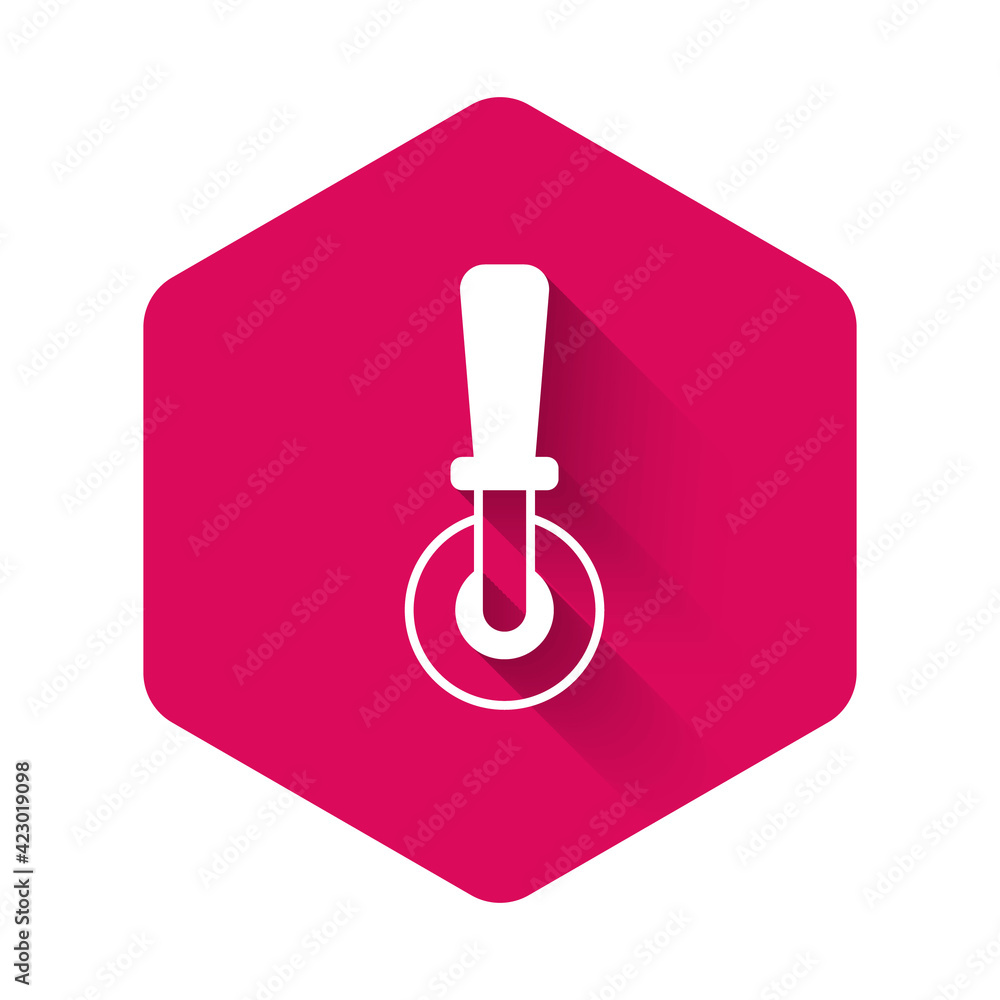 White Pizza knife icon isolated with long shadow background. Pizza cutter sign. Steel kitchenware equipment. Pink hexagon button. Vector White Pizza knife icon isolated with long shadow background. Pizza cutter sign. Steel kitchenware equipment. Pink hexagon button. Vector