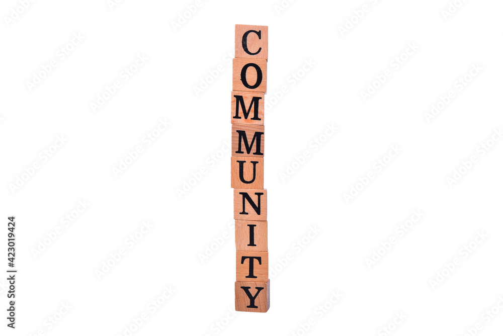 Concept image a wooden block word community isolated on white background with clipping paths Concept image a wooden block word community isolated on white background with clipping paths