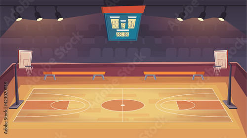 Basketball court landing page in flat cartoon style. Modern indoor stadium with wooden floor, scoreboard, hoops and tribune. Sports arena with spotlights. Vector illustration of web background
