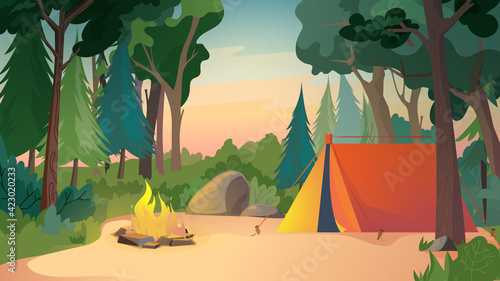 Camping on meadow, landing page in flat cartoon style. Tent at forest place, campfire and trees. Outdoor activities, hiking, travelling, summer camp concept. Vector illustration of web background