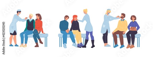 Vector cartoon flat doctor characters at work doing PCR test,take patient's saliva sample - covid coronavirus disease infection diagnostics,treatment,therapy medical concept