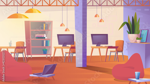 Creative coworking space landing page in flat cartoon style. Open loft office with bag chairs  laptops  computer on desktop  bookshelf. Comfortable workplace. Vector illustration of web background
