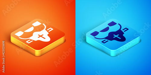 Isometric American football player chest protector icon isolated on orange and blue background. Shoulder and chest protection for upper body. Team sports. Vector