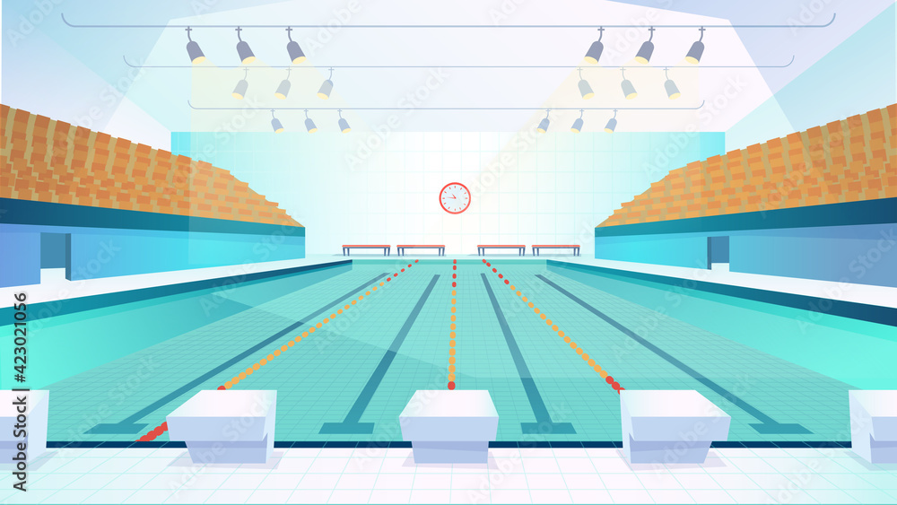Swimming pool landing page in flat cartoon style. Modern indoor stadium pool  with lanes and tribune. Sports arena with spotlights. Recreation or  competition. Vector illustration of web background Stock Vector | Adobe