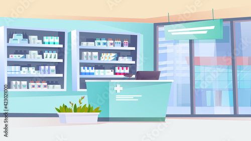Pharmacy interior landing page in flat cartoon style. Drugstore with counter, shelves with medicines, pills, medical products. Pharmaceutical shop retail concept. Vector illustration of web background