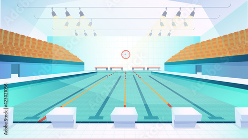 Swimming pool landing page in flat cartoon style. Modern indoor stadium pool with lanes and tribune. Sports arena with spotlights. Recreation or competition. Vector illustration of web background