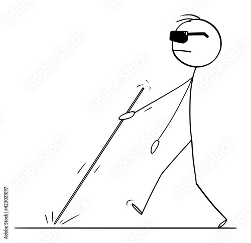 Blind Man walking with White Stick or Cane , Vector Cartoon Stick Figure Illustration