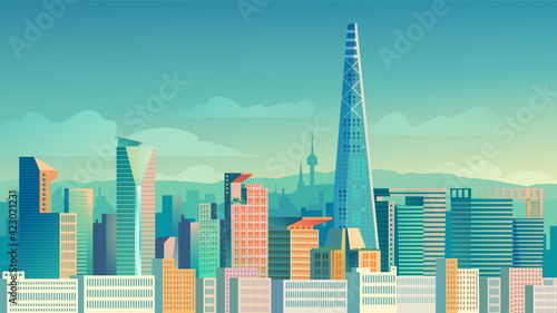 Seoul landing page in flat cartoon style. South Korea city panorama with skyscrapers, urban landscape with downtown. Business travel and travelling of landmarks. Vector illustration of web background