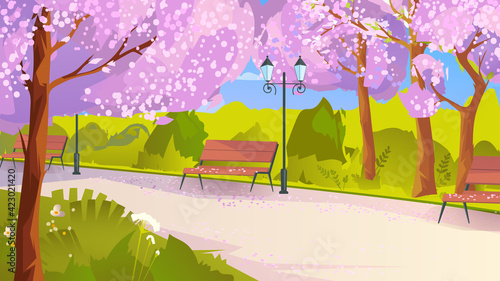 City park with blossom sakura trees, landing page in flat cartoon style. Public garden place, blooming cherries, benches, road for walking, flowers and bushes. Vector illustration of web background