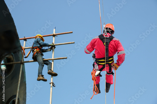 Working at height. A rear view of abseilers wearing red coverall and Personal Protective Equipment (PPE) in action hanging via rope access technique for touch up scaffolding activities. photo