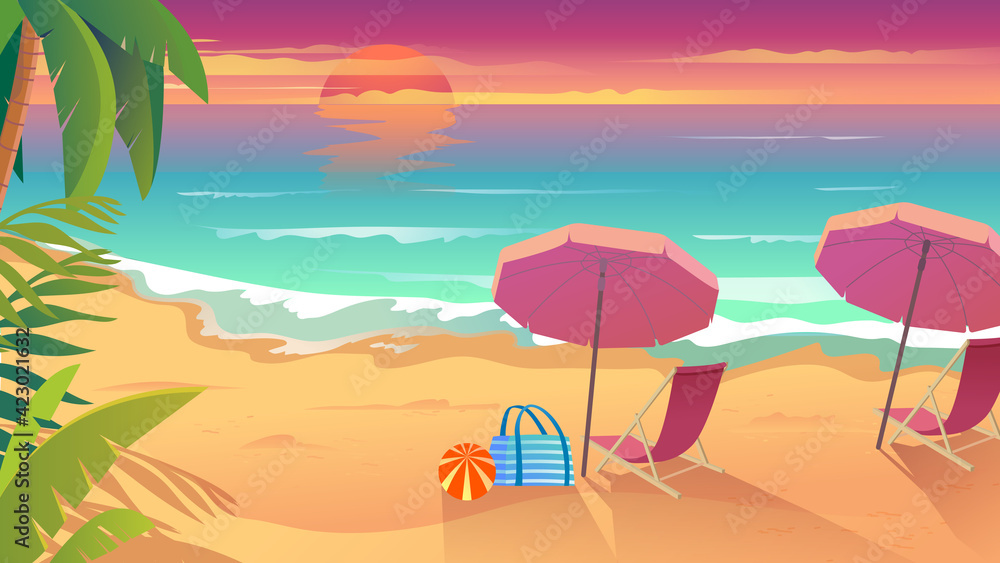 Summertime vacation at sea resort landing page in flat cartoon style. Sunset on seaside, sandy beach, sun loungers with umbrellas, palms and tropical plants. Vector illustration of web background