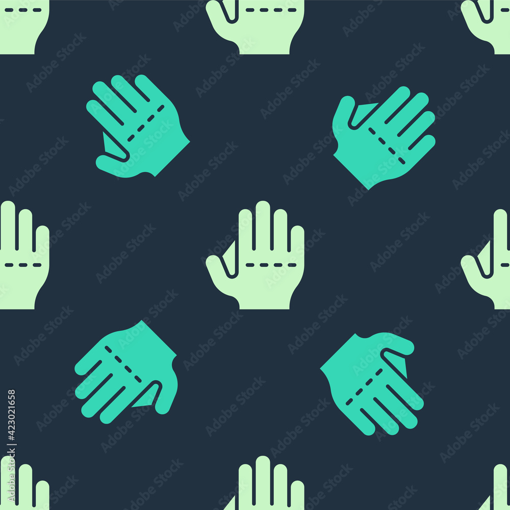 Green and beige Baseball glove icon isolated seamless pattern on blue background. Vector