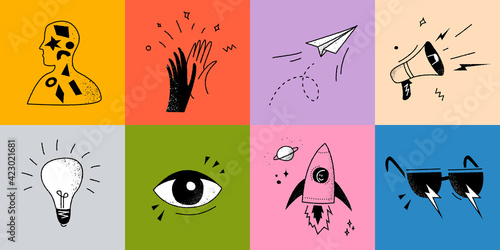 Creative hand-drawn icon set. Vector illustration.
