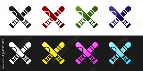 Set Crossed baseball bat icon isolated on black and white background. Vector