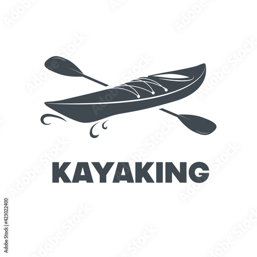 Silhouette of a kayak with a paddle on a transparent background. Vector flat design symbol of kayaking and canoeing. Web icon of water sports transport.