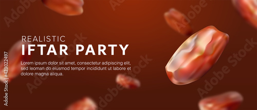 Ramadan Kareem iftar party Wallpaper design template with realistic 3d illustration of dates fruit floating or falling. Happy muslim holiday background 