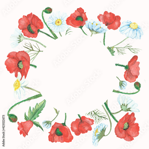 Watercolor hand painted nature floral circle frame with red poppy and white chamomile flowers on green stem composition on the light pink background for invitation and greeting card design © Natalia