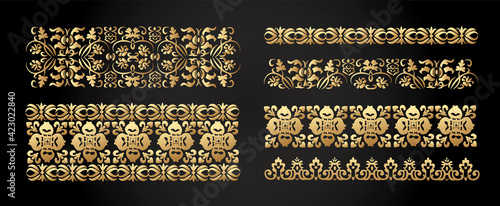 Set of seamless golden borders for page decoration, frame, fabric, tattoo etc