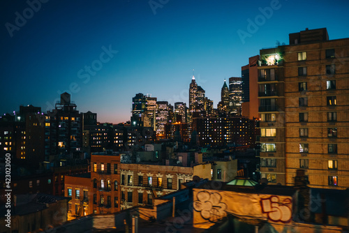 Cityscape of illuminated buildings at dusk