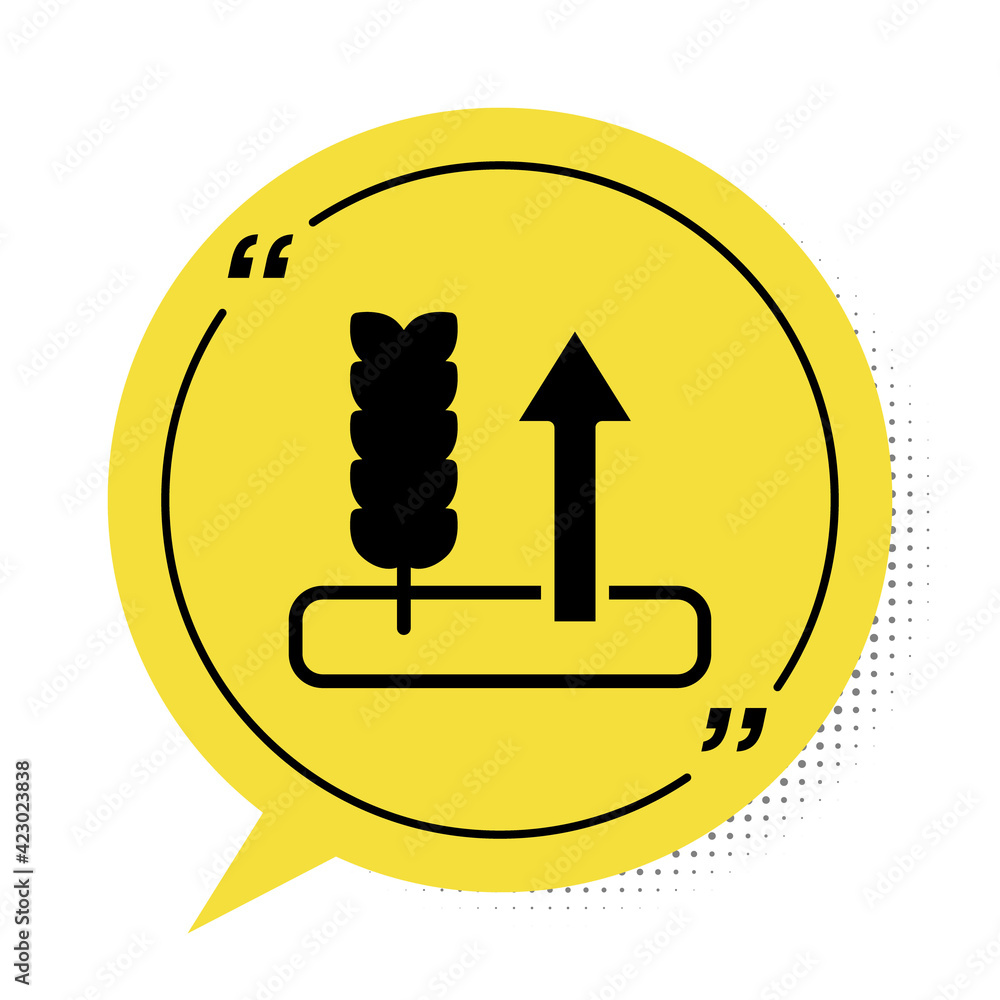 Black Cereals set with rice, wheat, corn, oats, rye, barley icon isolated on white background. Ears of wheat bread symbols. Yellow speech bubble symbol. Vector Black Cereals set with rice, wheat, corn, oats, rye, barley icon isolated on white background. Ears of wheat bread symbols. Yellow speech bubble symbol. Vector