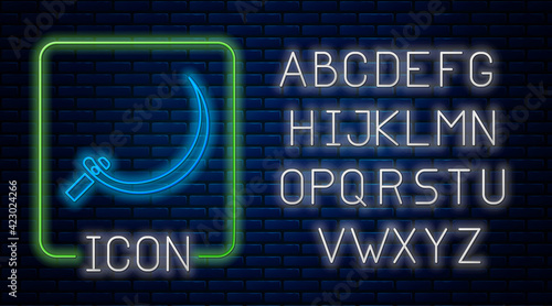 Glowing neon Sickle icon isolated on brick wall background. Reaping hook sign. Neon light alphabet. Vector