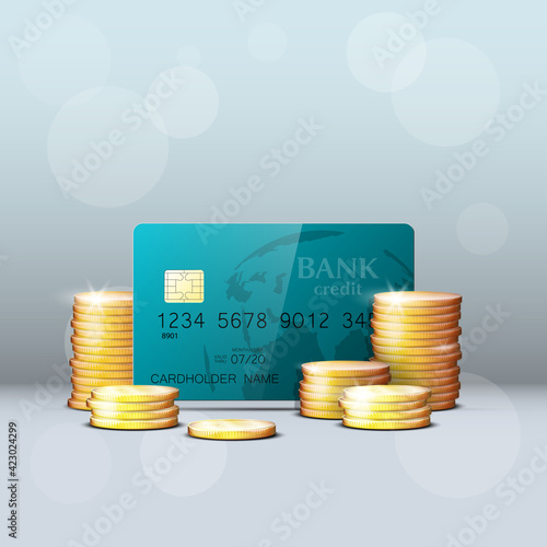 Credit card & gold coins banner. Banking hidden treasures icon. Finans riches icon. Plastic card software wealth badge. Debit card with electromagnetic chip. Privacy Electronic money funds transfer.