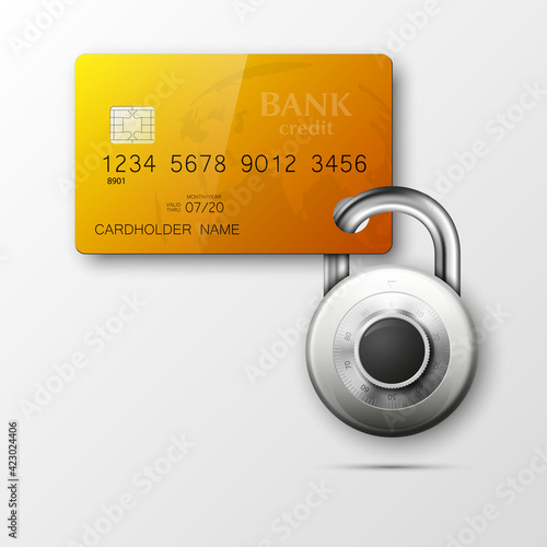 Credit card safe combination lock. Protection credit card. Safety badge banking. Defense finans. Security Plastic card software. Debit card electromagnetic chip Privacy Electronic money funds transfer