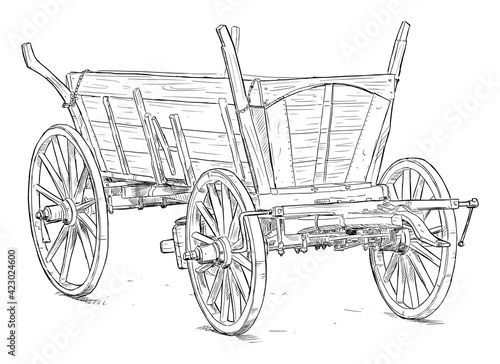 Old Wooden Wagon. Vector Drawing or Illustration