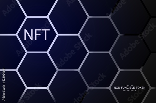 NFT non-fungible token concept on polygonal abstract background. Hexagon shapes pattern with lighting lines on dark backdrop and white non fungible token sign. Vector card illustration.