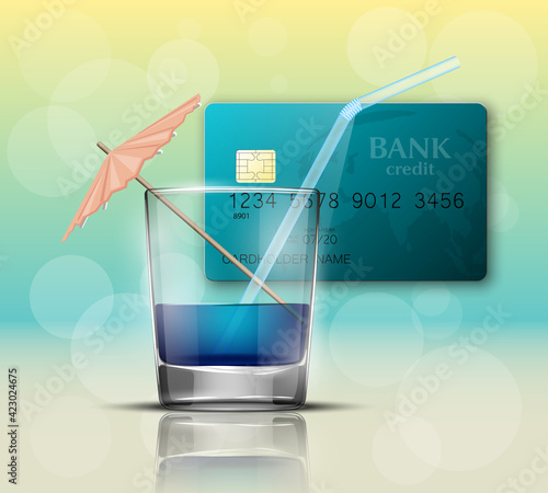 Credit card & glass cold drink alcohol straw banner. Banking card bright soda & umbrella icon. Plastic card software glass of lemonade fruit juice. Debit card bar glass of cocktail fizzy water drink