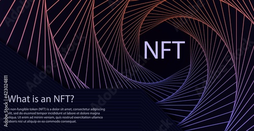 NFT non-fungible token concept of spiral movement lines abstract background. Vector dark web banner with twist hexagon gradient backdrop and non fungible token sign. Modern crypto art concept