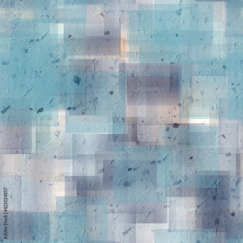 Seamless overlaid geometric shape pattern print. High quality illustration. Transparent rectangles filled with gradient colors scattered. Handmade paper texture overlay.