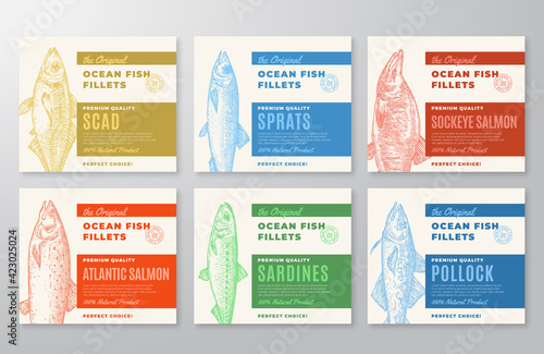 Premium Quality Fish Fillets Labels Collection. Abstract Vector Fish Packaging Design or Cards Set. Modern Typography and Hand Drawn Wild Ocean Fishes Silhouette Background Layouts. With Soft Shadows
