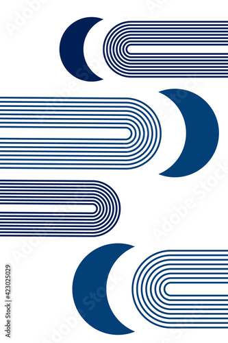 Simple abstract poster with boho arches, with moons and crescent, in cold winter blue colors, for interior wall poster. Boho arch in a minimalistic style. Blue minimalist banner with trendy boho arch.