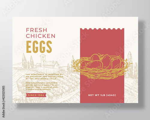 Fresh Chicken Eggs Food Label Template. Abstract Vector Packaging Design Layout. Modern Typography Banner with Hand Drawn Nest and Rural Landscape Background. Isolated