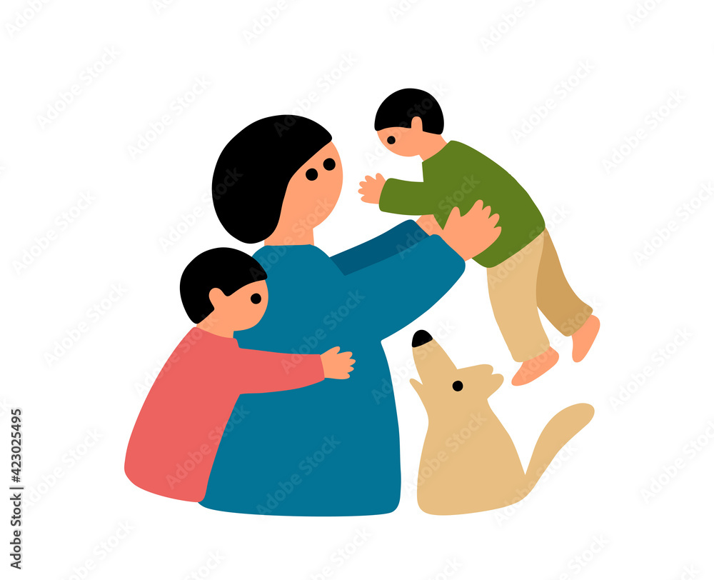 Happy mother with two children and cute pet dog. Happy mother with two children and cute pet dog.