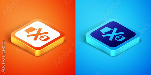 Isometric No alcohol icon isolated on orange and blue background. Prohibiting alcohol beverages. Forbidden symbol with beer bottle glass. Vector