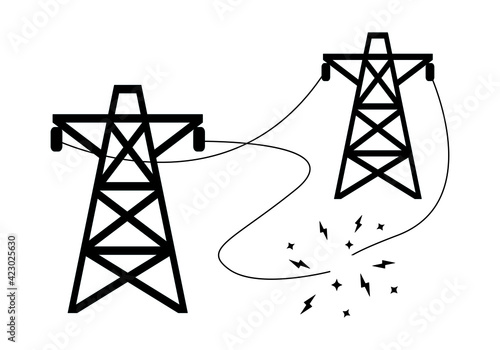 Electric wire of the high voltage pole is damaged and short circuit flat icon vector.