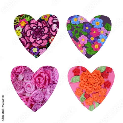 Heart's images made from handcrafted flowers isolated on a white background.