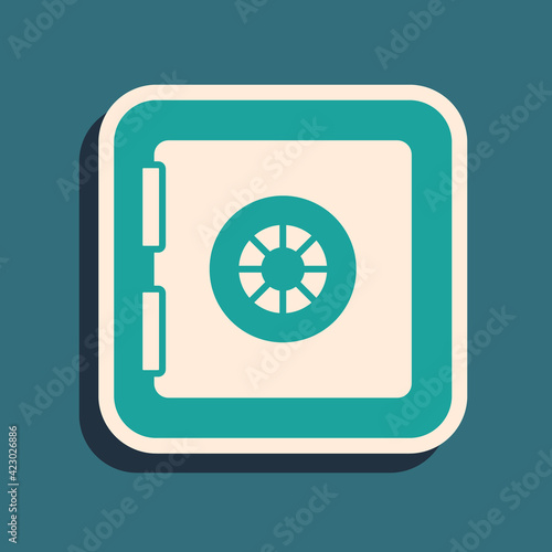 Green Safe icon isolated on green background. The door safe a bank vault with a combination lock. Reliable Data Protection. Long shadow style. Vector