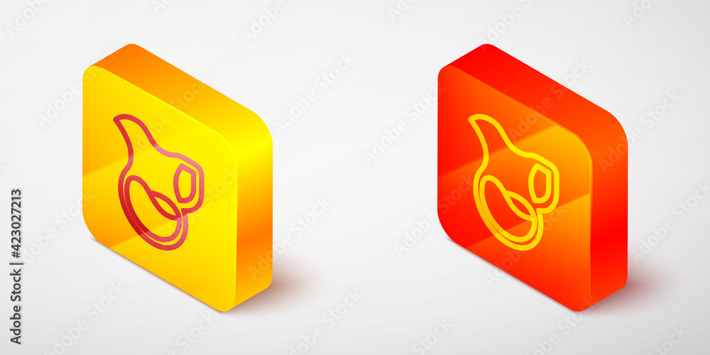Isometric line Jug glass with milk icon isolated on grey background. Kettle for milk. Glass decanter with drinking milk. Yellow and orange square button. Vector Isometric line Jug glass with milk icon isolated on grey background. Kettle for milk. Glass decanter with drinking milk. Yellow and orange square button. Vector
