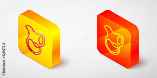 Isometric line Jug glass with milk icon isolated on grey background. Kettle for milk. Glass decanter with drinking milk. Yellow and orange square button. Vector